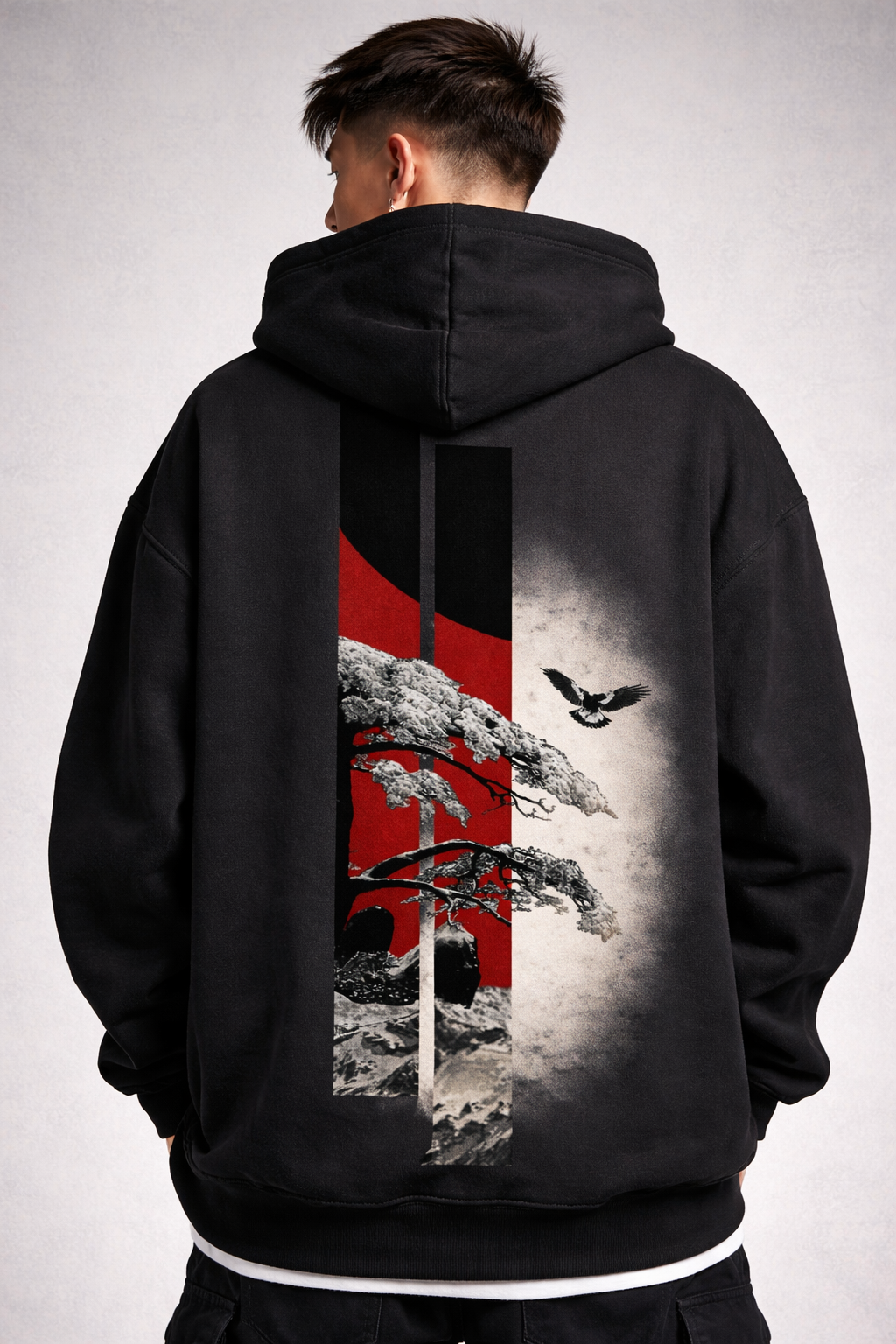 Dual Balance Oversized Black Hoodie – Minimal Front, Graphic Back