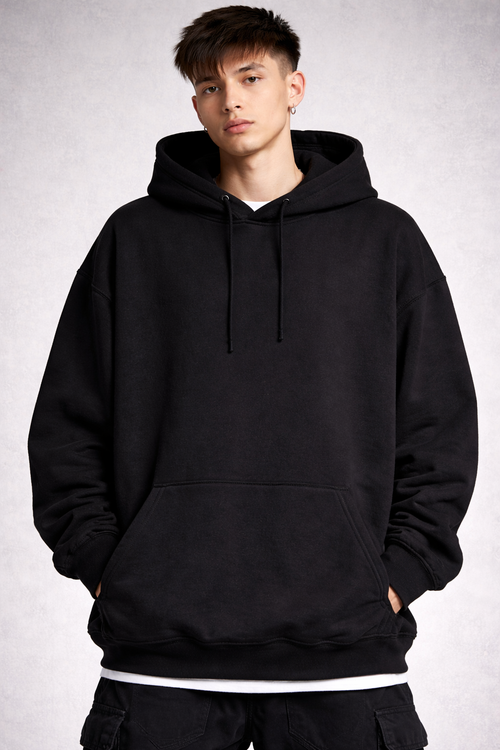 Dual Balance Oversized Black Hoodie – Minimal Front, Graphic Back