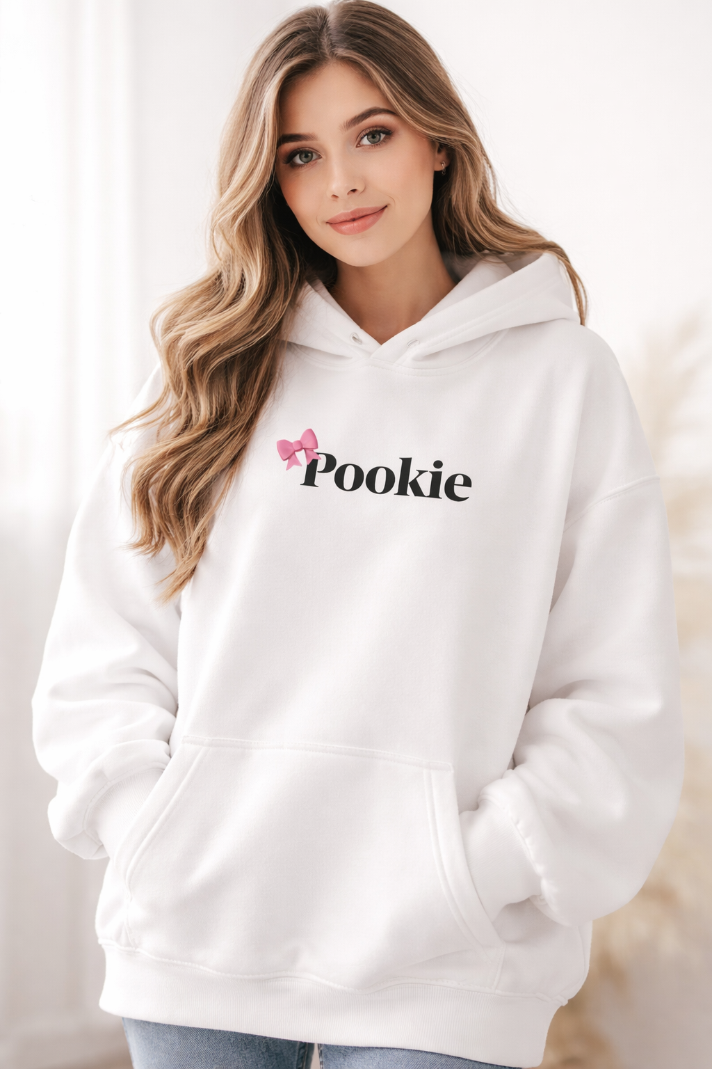 Pookie Bow Hoodie – Oversized White Hoodie for Women